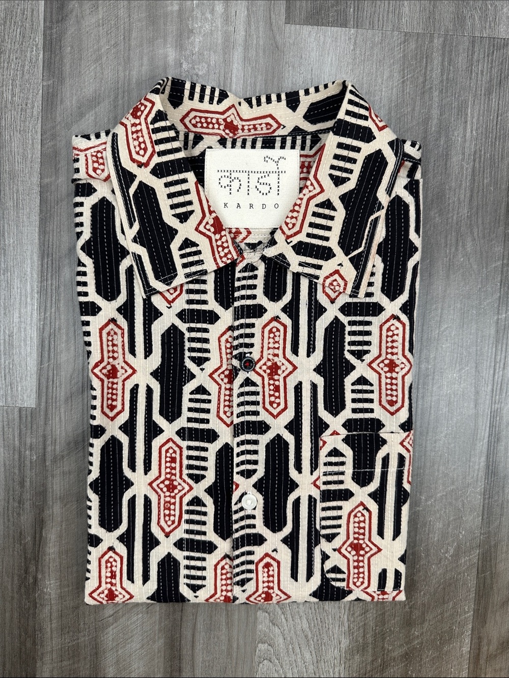 Kardo Geo Tile Block Print Short Sleeve Button Down - Medium